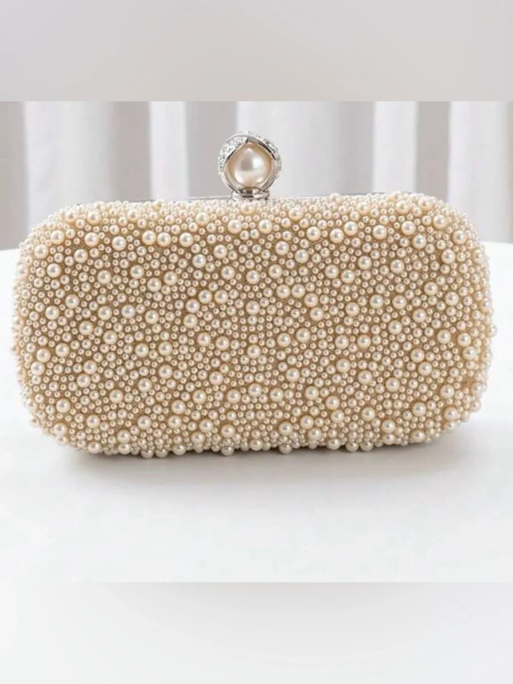 Pearl & Crystal Embellished Clutch - Apricot